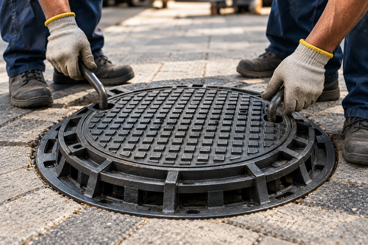 Workers positioning a round manhole cover in its frame
