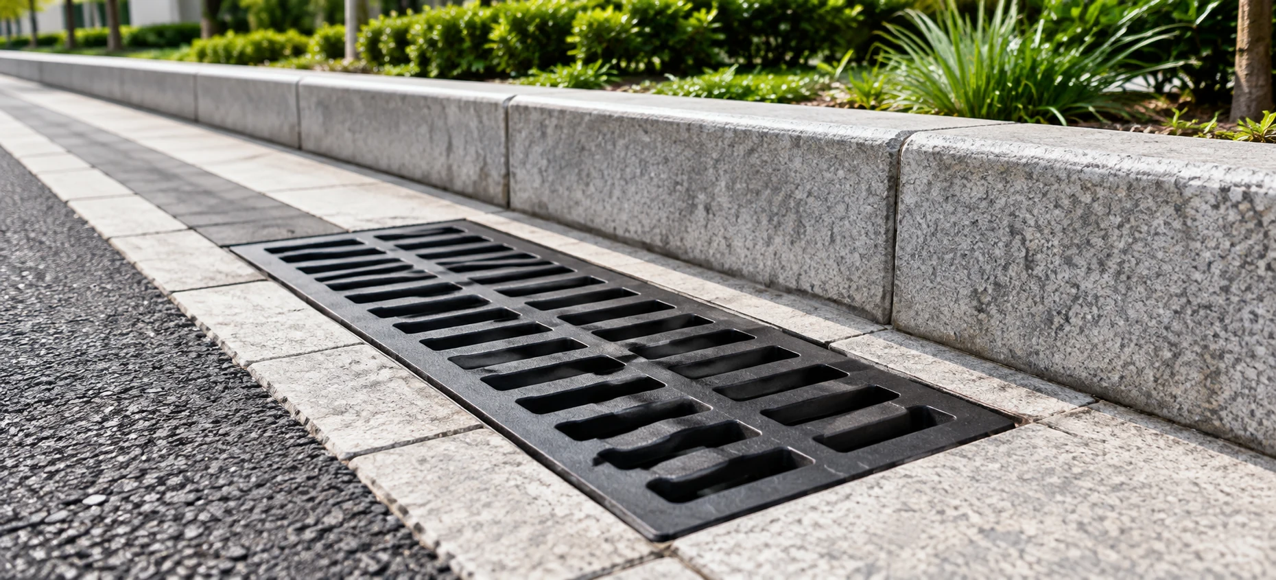 Stormwater drainage grating beside a curb