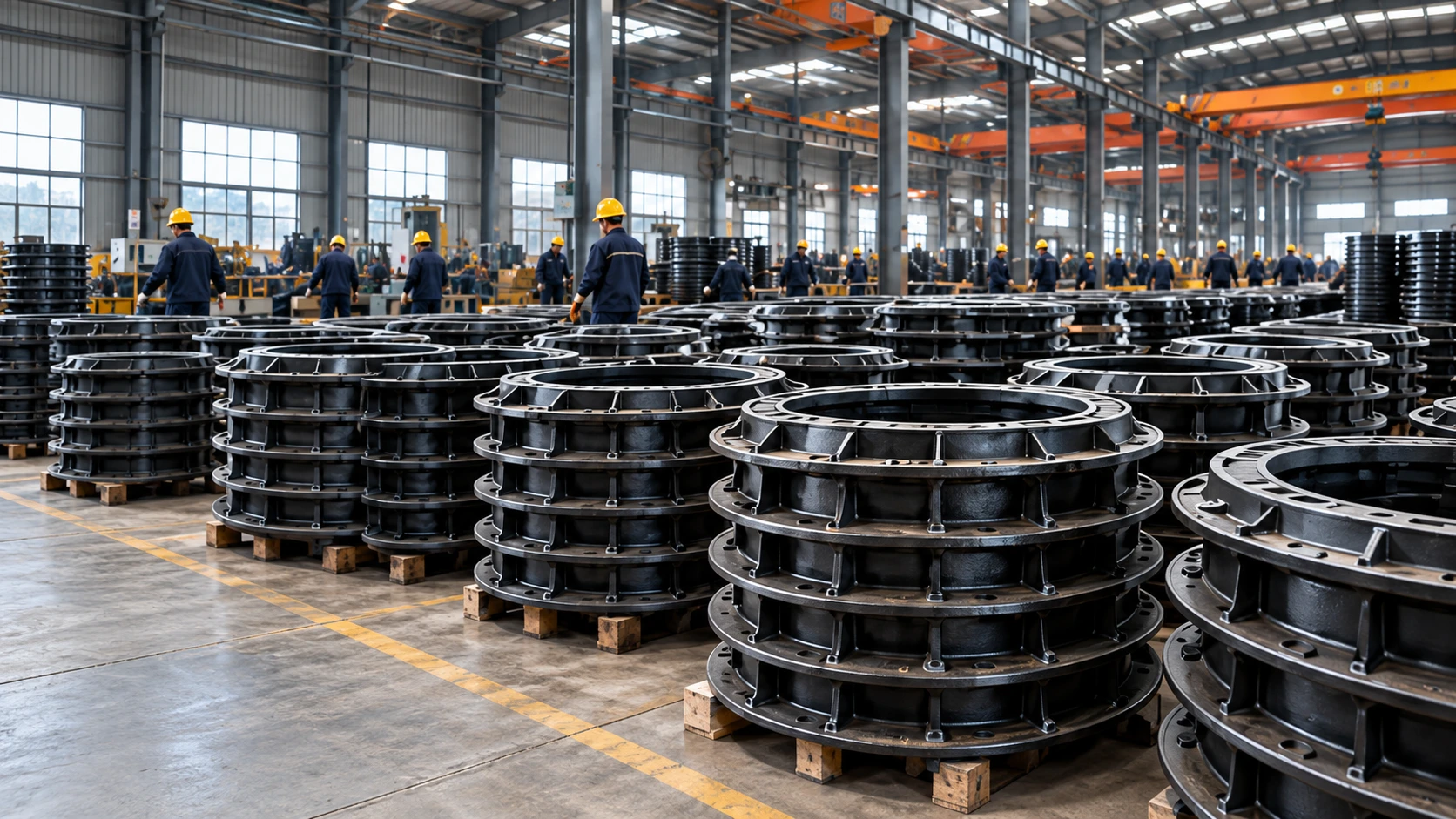 Rows of stacked circular frames inside a workshop
