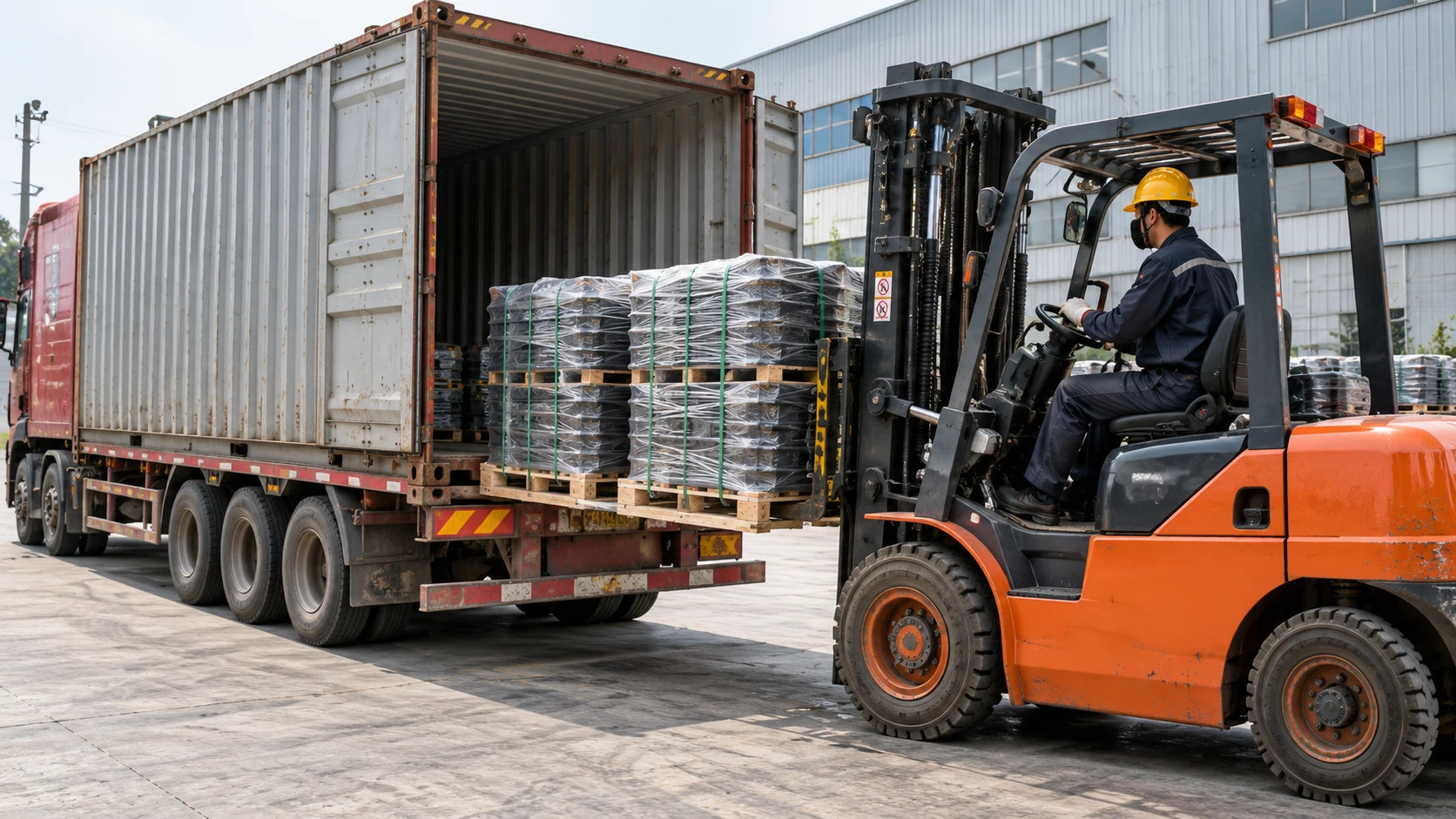 Forklift loading palletized castings into a shipping container
